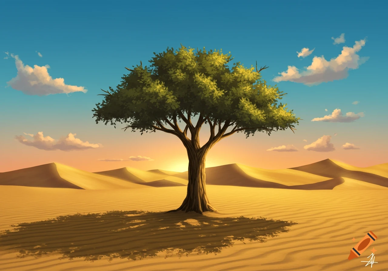 A lone tree stands in a vast desert landscape with rolling sand dunes under a colorful sunset sky.
