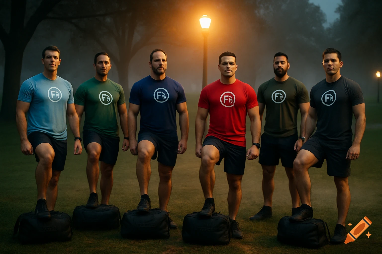 Six muscular men in varying colored dry-fit shirts with logos, standing on black bags in a misty park under a street lamp.
