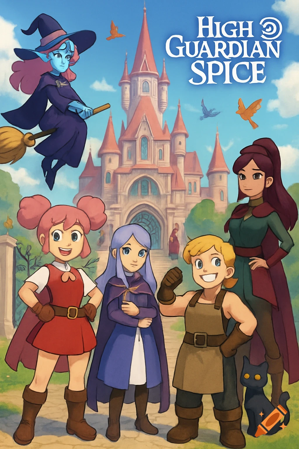 A vibrant anime poster featuring four main characters and a witch on a broom in front of a pink castle, with the title High Guardian Spice.