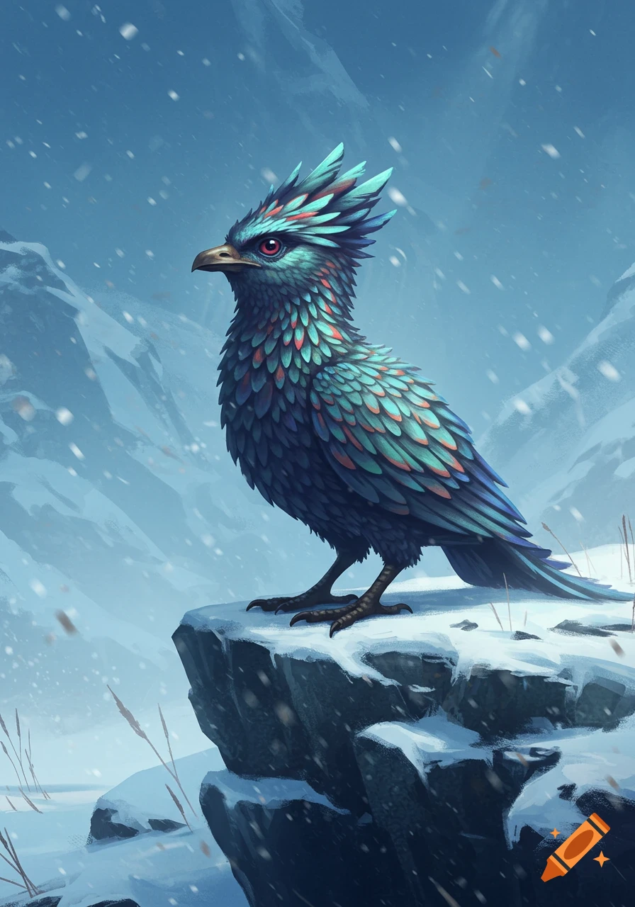 A vibrant, stylized bird with blue and red plumage stands on a snowy rock in a mountain landscape, with snow falling.