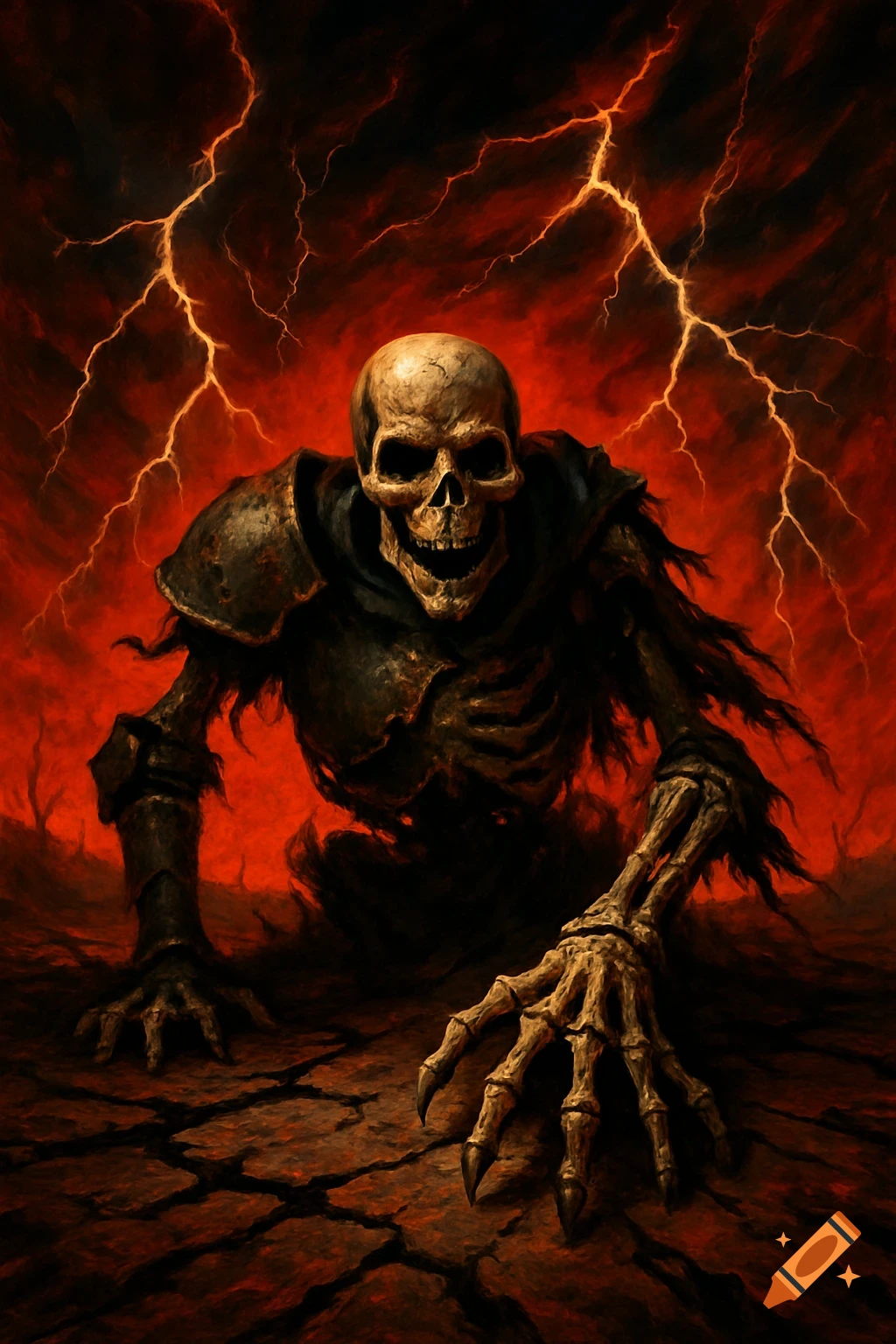 A menacing skeleton in armor rises from cracked ground under a dark red, lightning-filled sky in a fantasy art style.