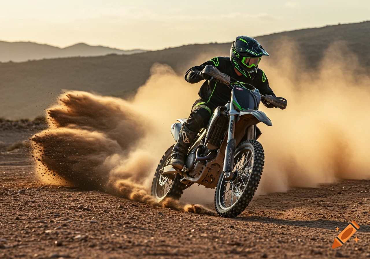 A dirtbike rider in black and neon green gear kicks up dust while riding across a desert landscape at sunset.