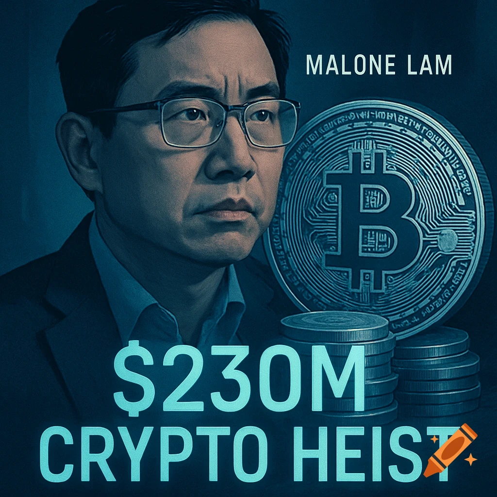A man with glasses looks intently, with a large Bitcoin logo and stacks of coins beside him. Overlay text reads "MALONE LAM" and "$230M CRYPTO HEIST".