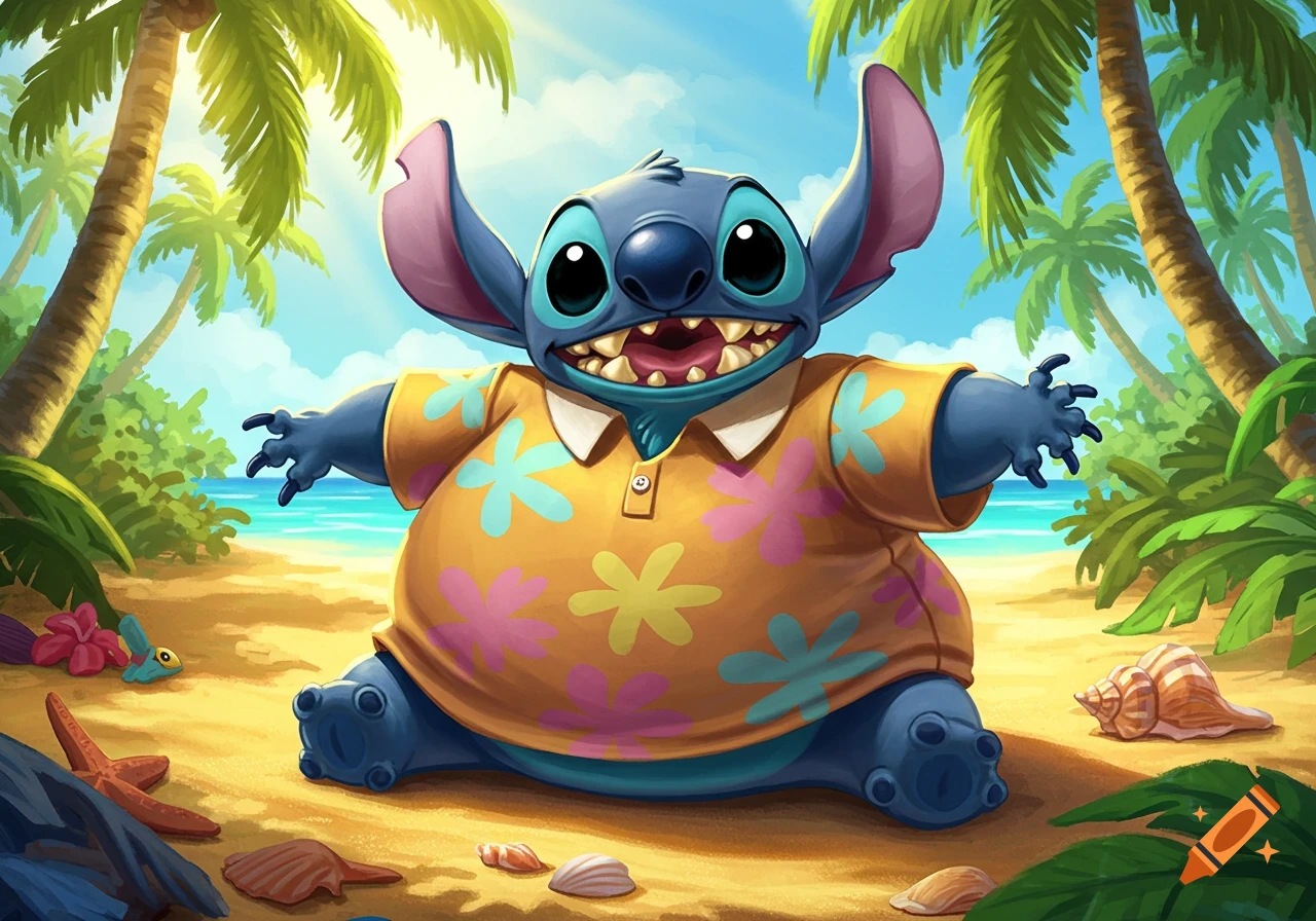 A happy, inflated Stitch in a yellow floral polo shirt sits on a sandy beach with palm trees in a vibrant cartoon style.