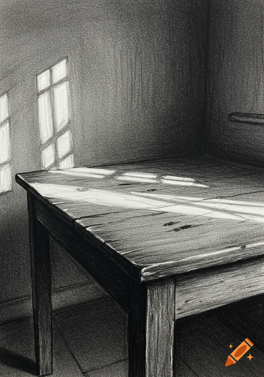 Charcoal drawing of a worn wooden table illuminated by sunlight casting patterns from a window onto its surface and the wall.