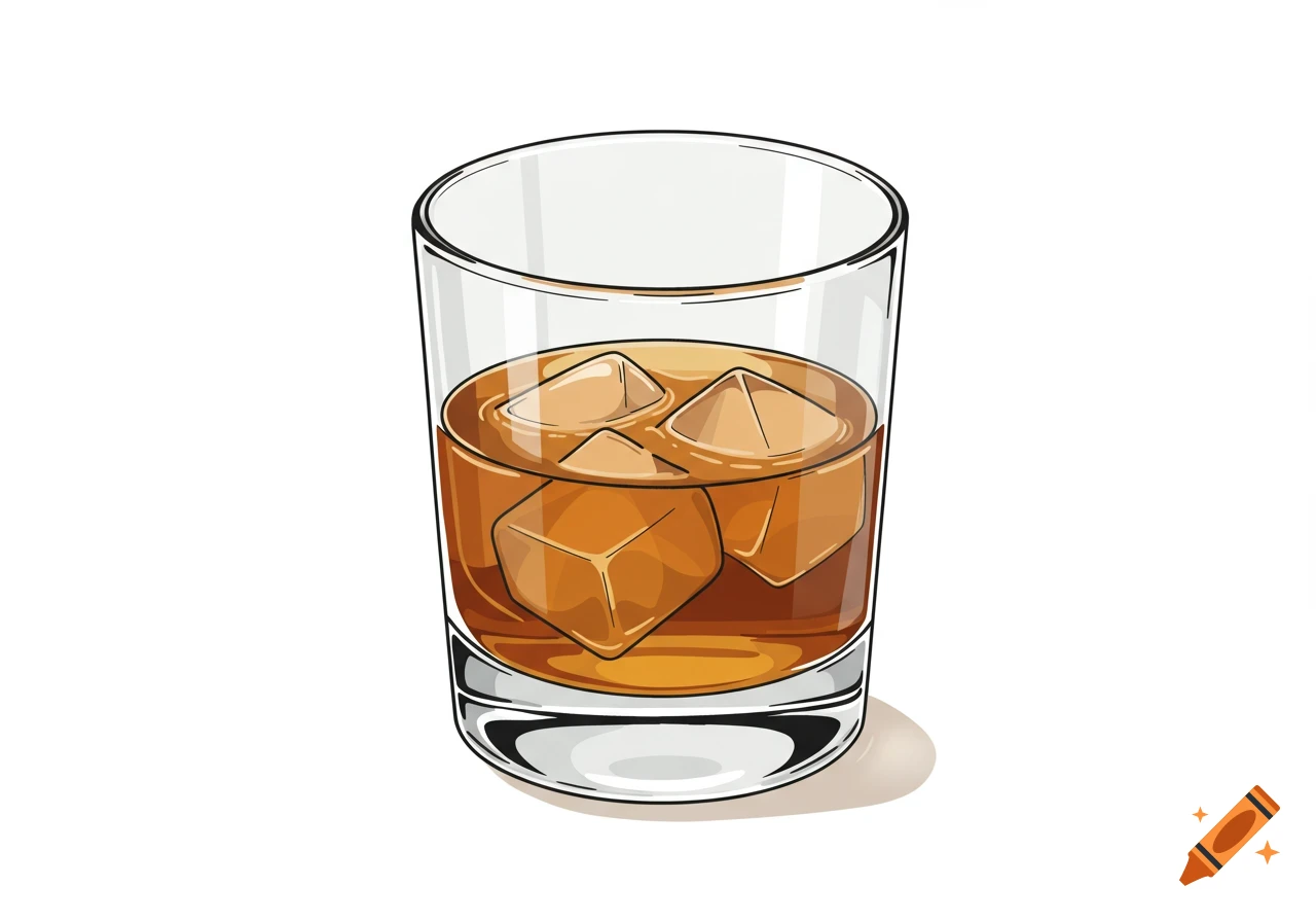 Illustration of a glass of whiskey with ice cubes on a white background.