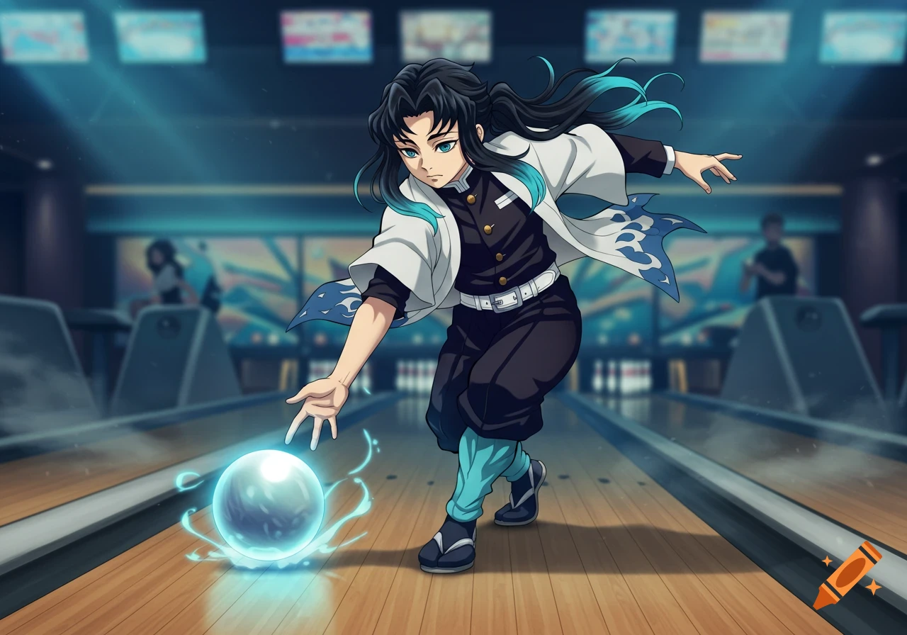 Anime boy Muichiro Tokito bowling a glowing blue ball in a dark bowling alley.