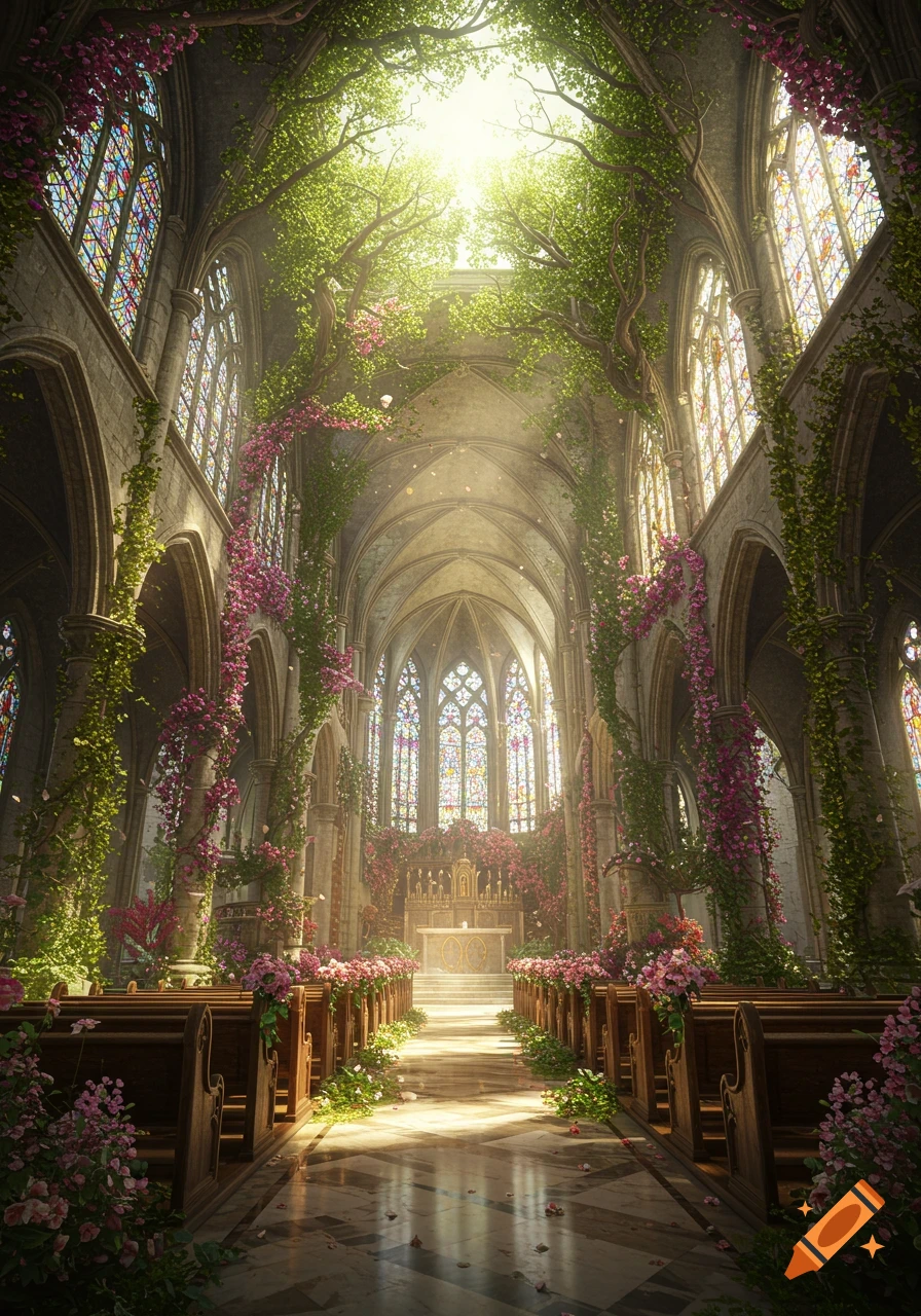 A stunning, sunlit gothic chapel interior overgrown with vibrant green trees and vines, adorned with pink flowers, and colorful stained glass windows.