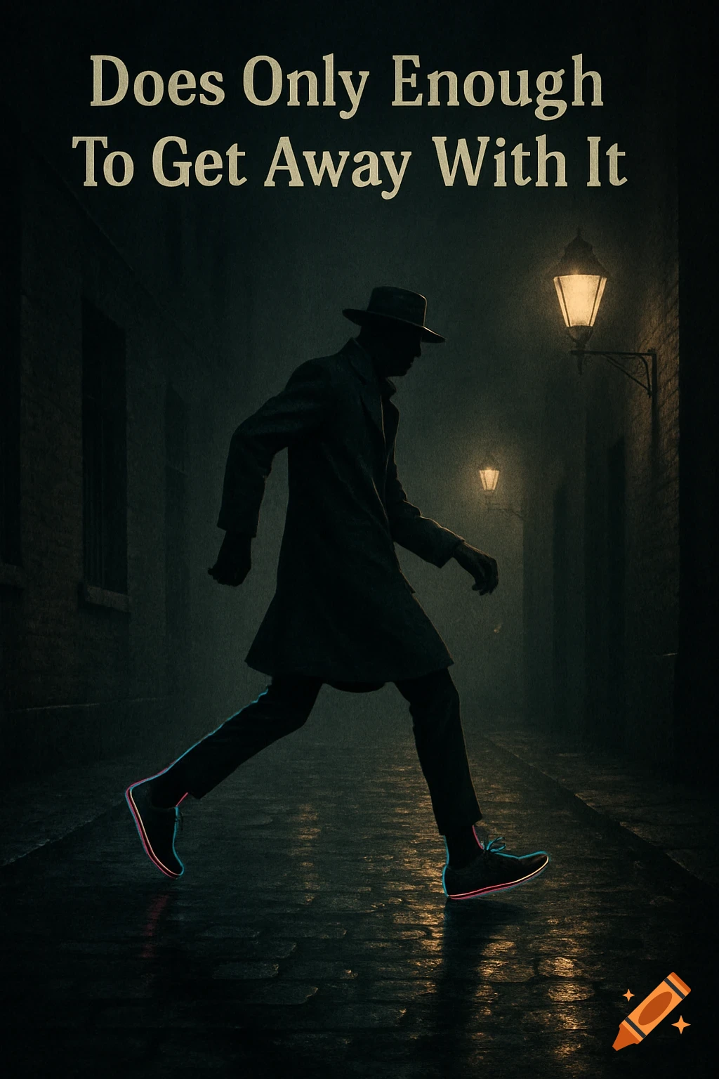 Silhouette of a man in a trench coat and fedora walks through a dark, wet alley at night with glowing shoes, under streetlights, with text overlay.