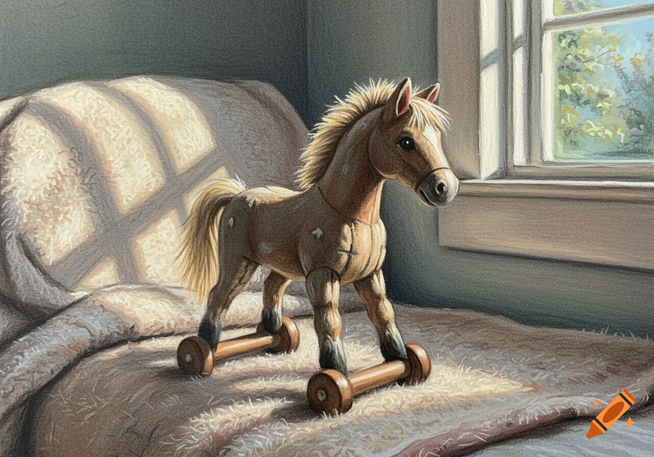 A pastel charcoal drawing of a brown toy horse on wheels on a textured blanket, illuminated by sunlight from a window.