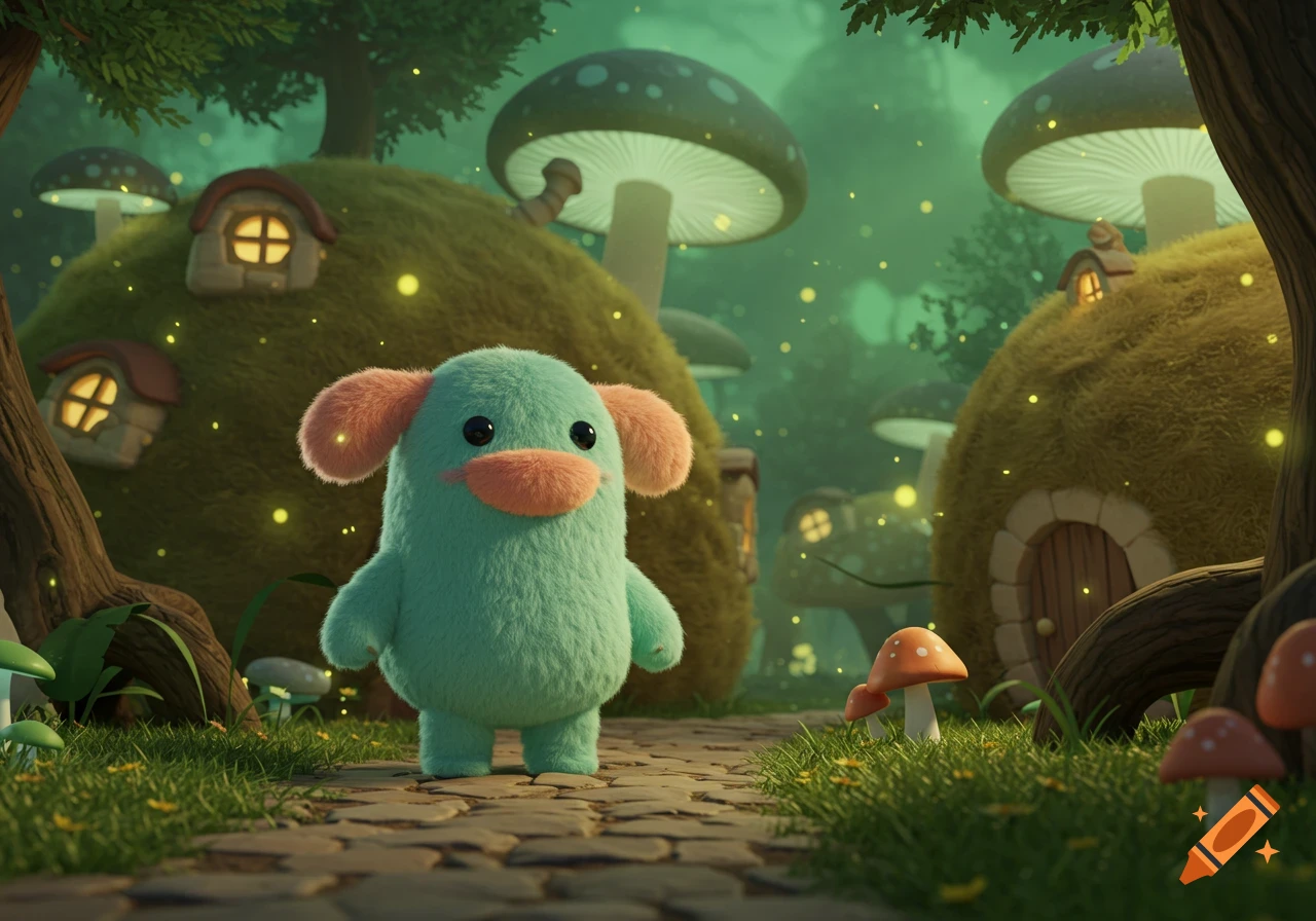 A fluffy, teal, cartoon creature with pink ears and nose stands on a stone path in a whimsical forest with glowing mushroom houses.
