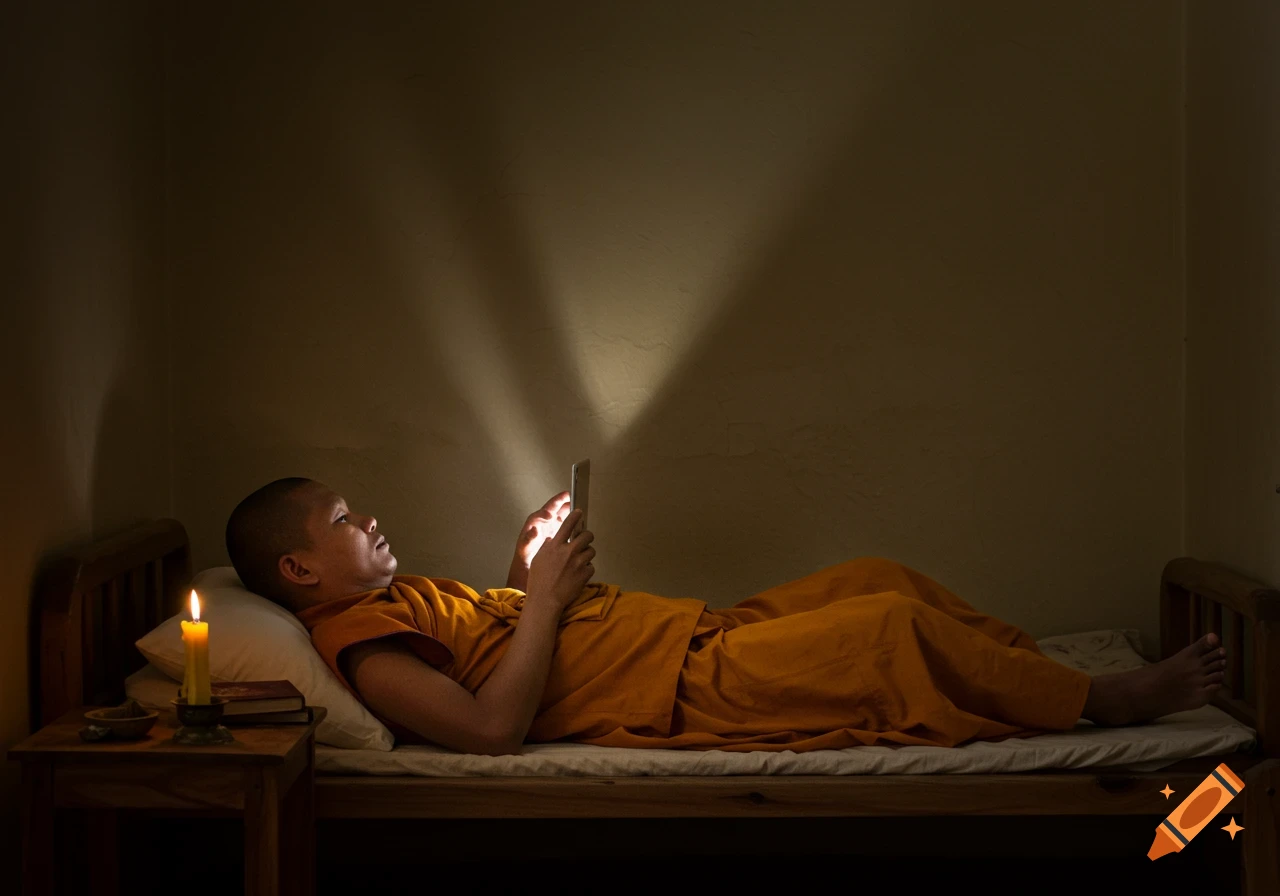 A monk in orange robes lies on a bed in a dimly lit room, using a glowing smartphone. A candle and a book are on a table nearby.