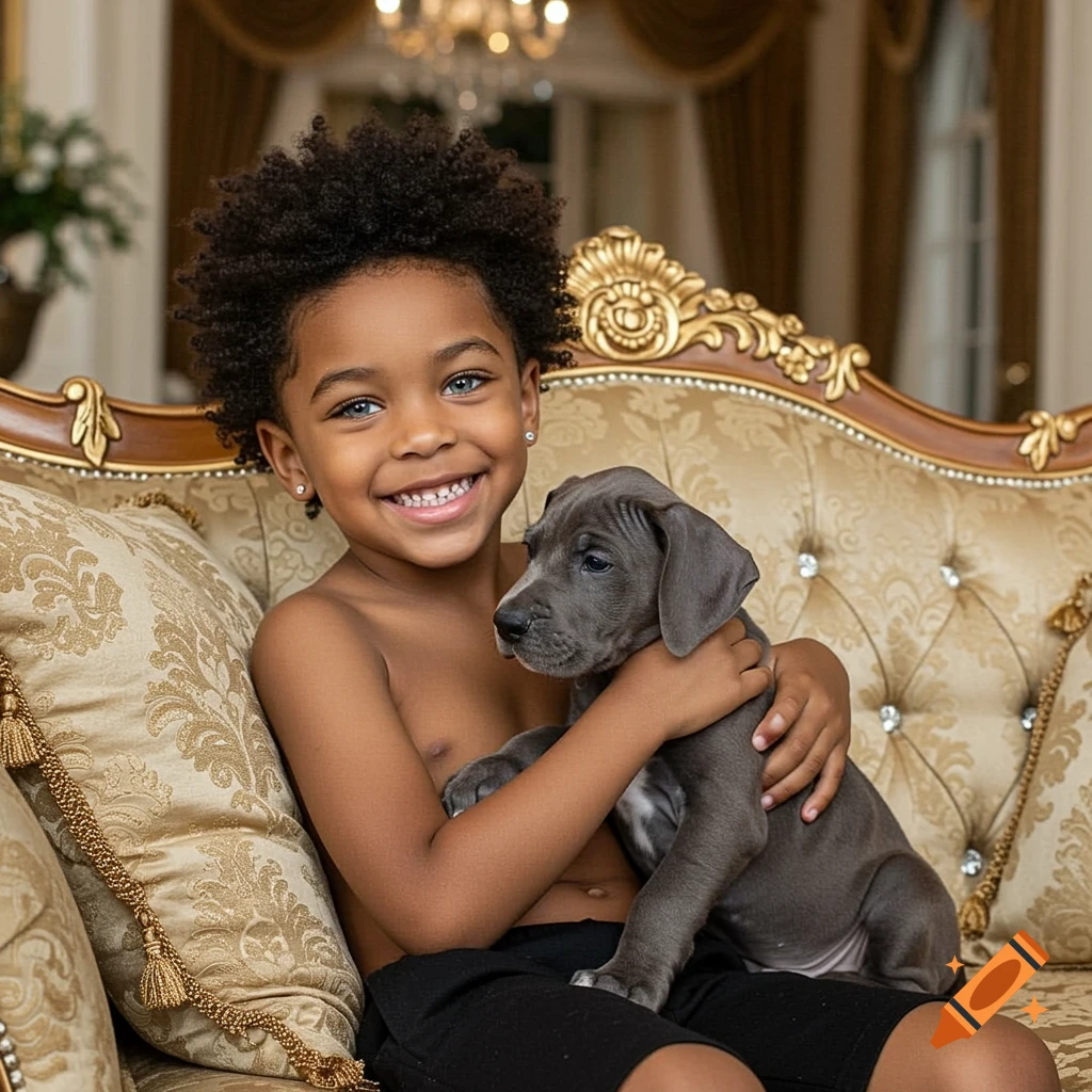 A smiling young boy with an afro and blue eyes holds a Great Dane puppy while sitting on a luxurious gold couch.
