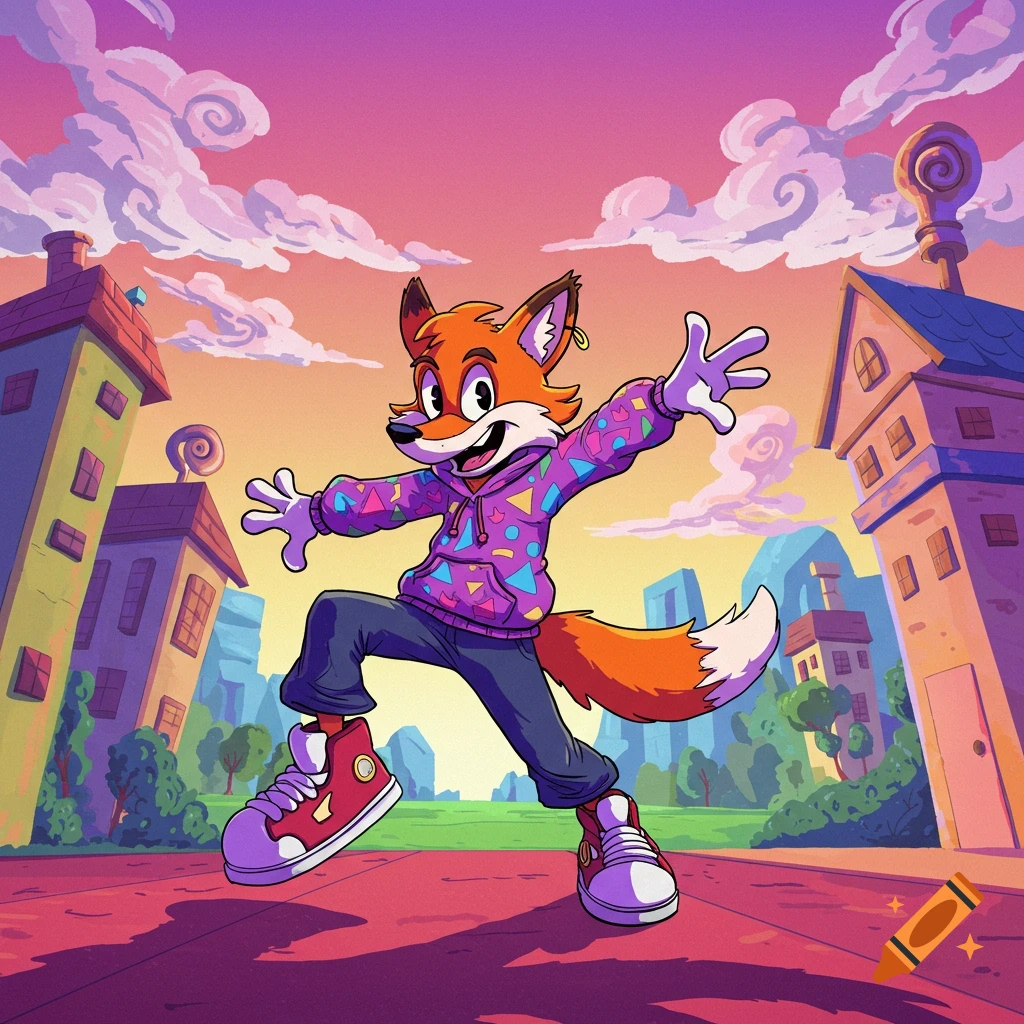 Cartoon fox in a 90s hoodie and sneakers, standing in a stylized city with a vibrant pink and orange sky.