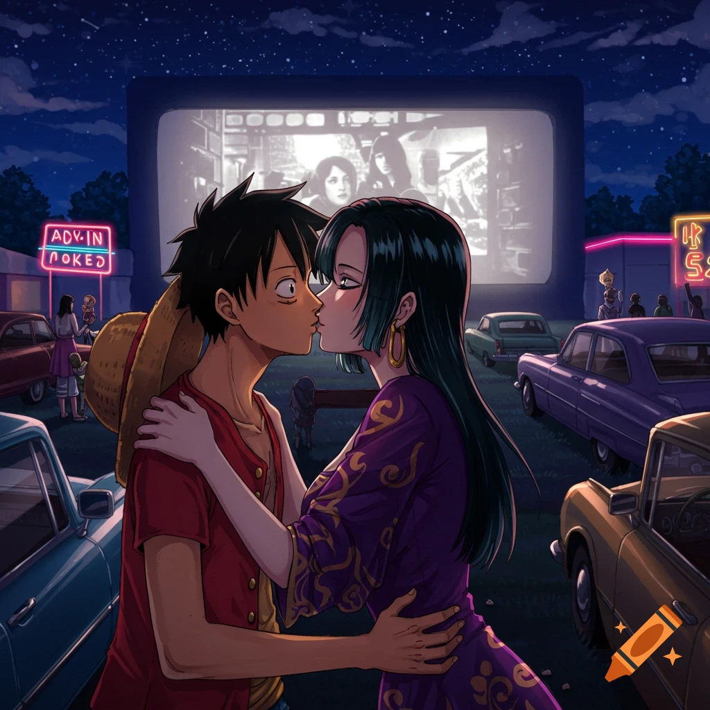 Anime characters Luffy and Hancock kiss at a drive-in movie theater under a starry night.