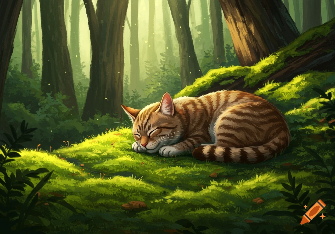A striped tabby cat peacefully sleeps curled up on a sunlit, mossy forest floor, surrounded by lush green foliage and tall trees, in a charming illustrated style.