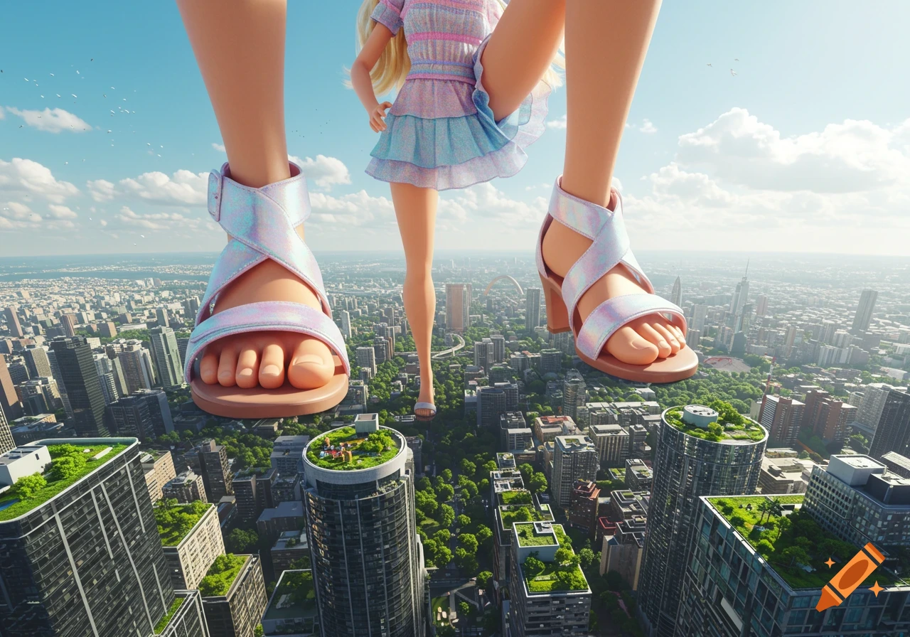 A giant Barbie doll wearing sandals towers over a modern city with skyscrapers, about to step on a building.