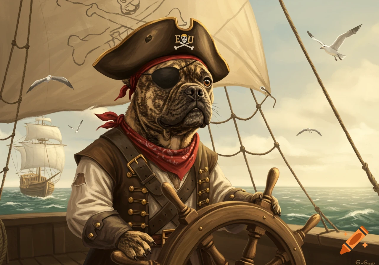 Illustrative painting of a brindle French bulldog pirate with an eyepatch and 'ECU' hat, steering a ship on the ocean.