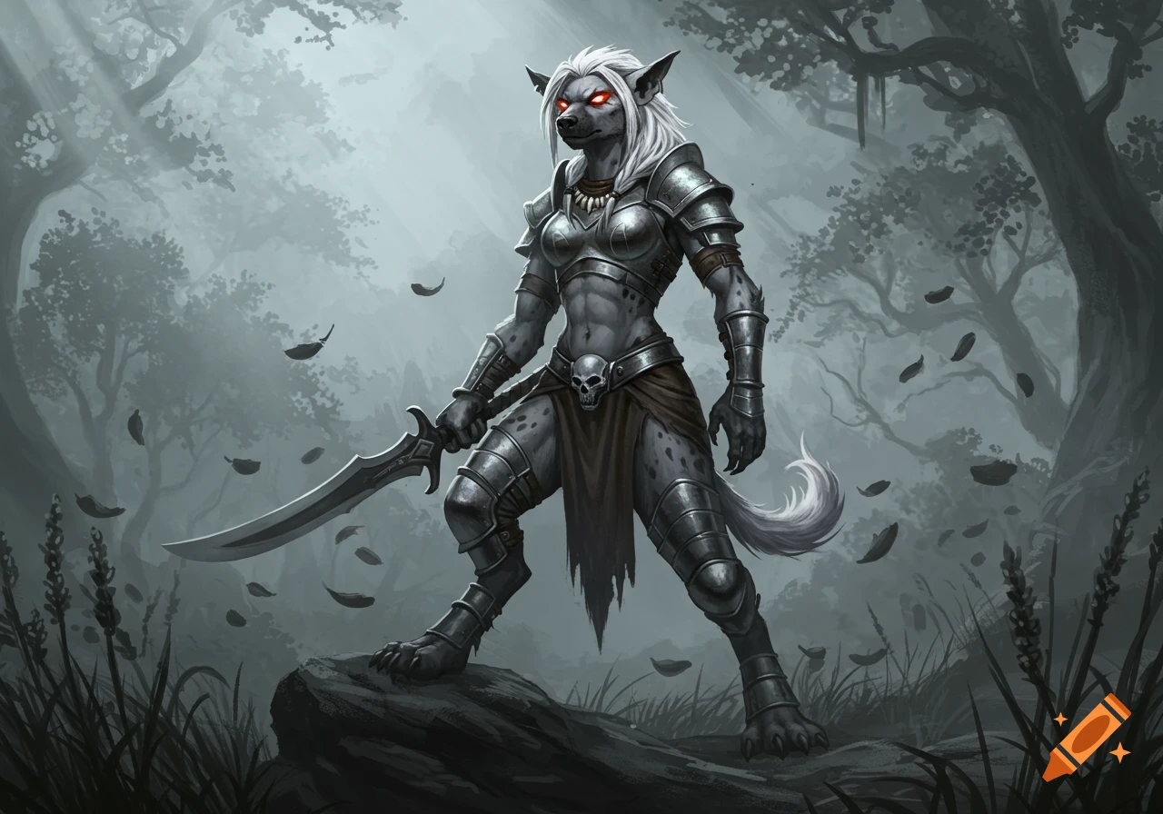 A fierce female gnoll warrior with ash white fur and glowing red eyes, armored and holding a sword in a misty dark forest.