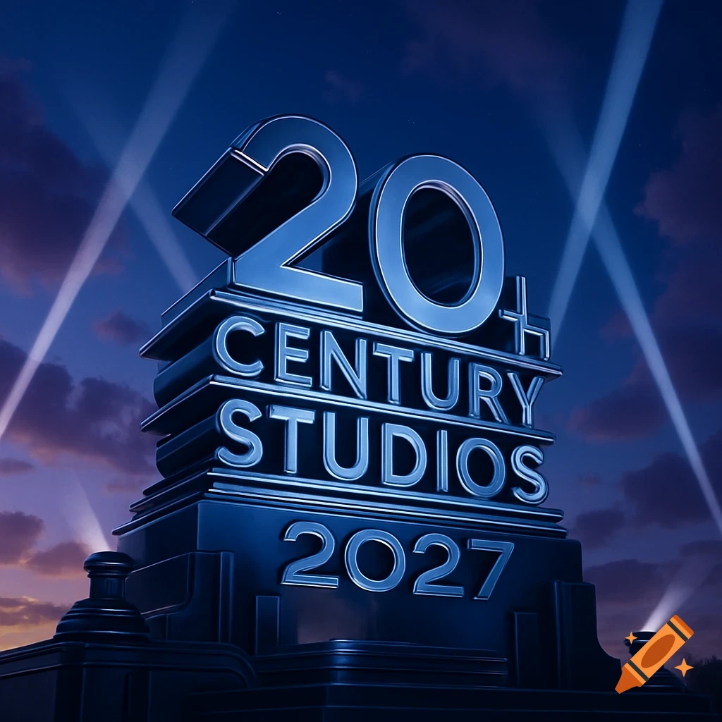 A grand 3D metallic logo for '20th Century Studios 2027' with searchlights in a dramatic sky, in a cinematic style.