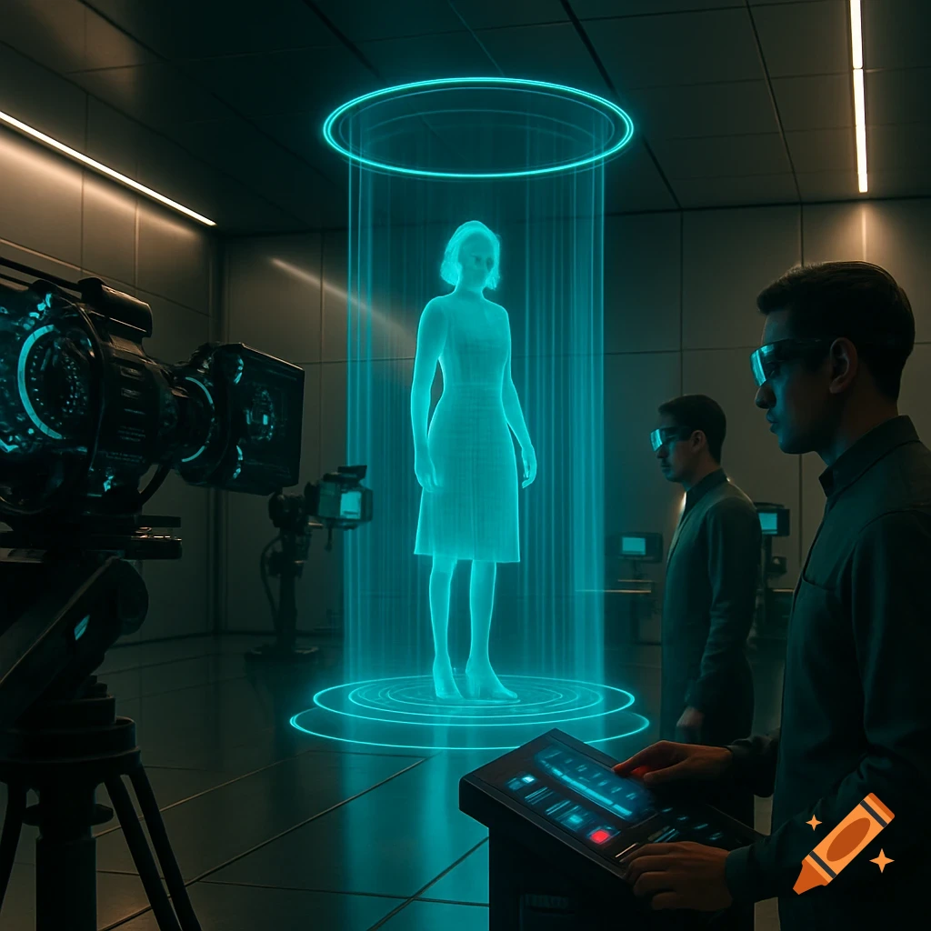 A glowing blue holographic woman stands in a dark, futuristic laboratory, observed by two men in glasses and a large camera.