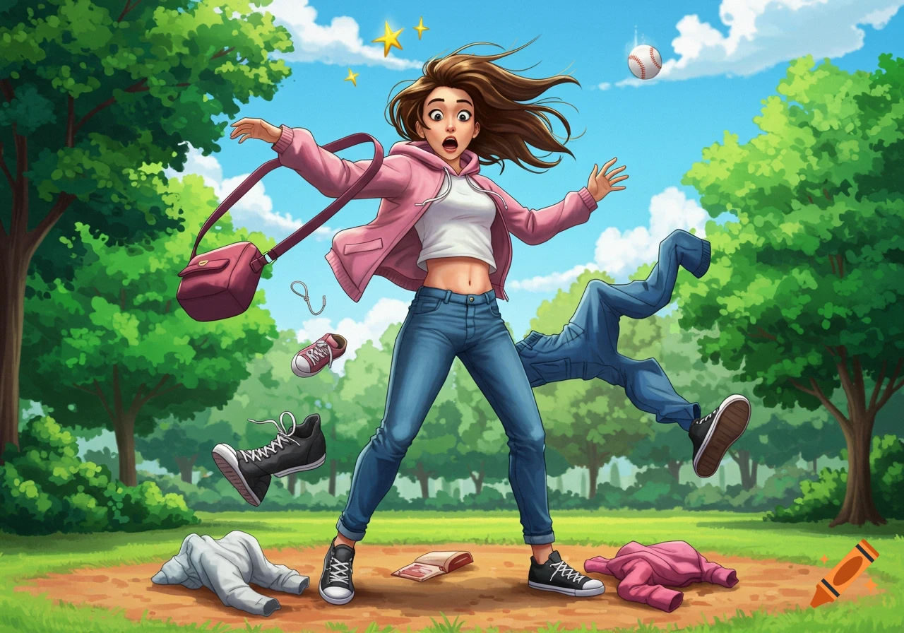 A wide-eyed cartoon woman in a park, hit by a baseball, with her clothes comically flying off around her, and stars spinning around her head.
