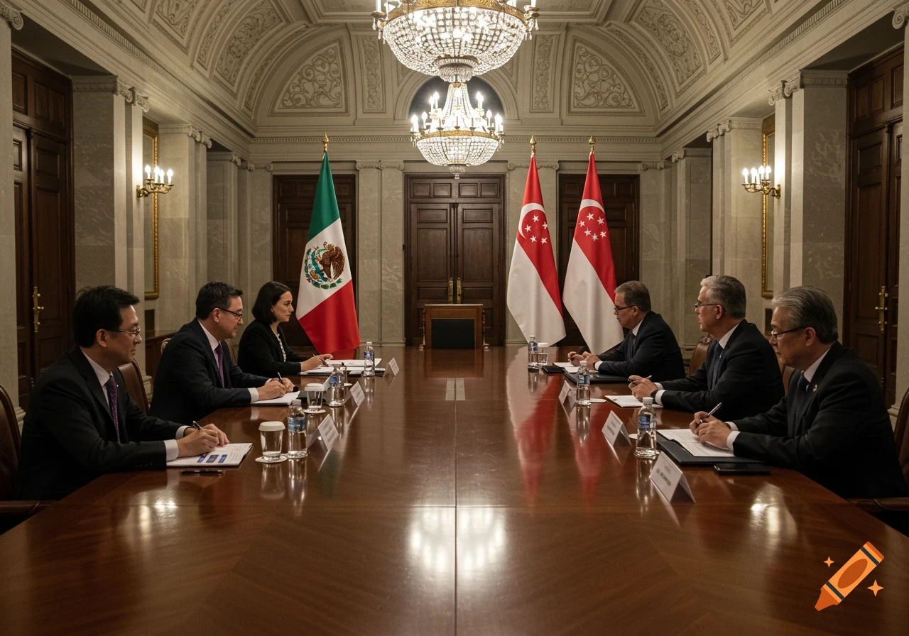 Formal meeting between delegates from Mexico and Singapore at a long table, with flags of both countries in the background.