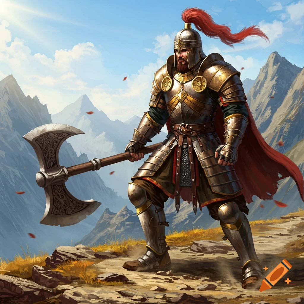A fierce warrior in detailed golden and steel armor, red cape, and plumed helmet, holding a large double-bladed axe on a sunny mountain path.