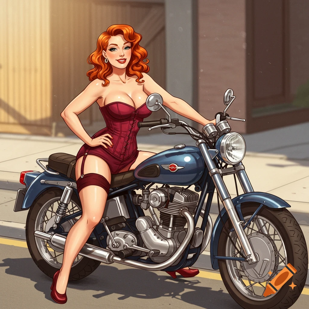 Pin-up drawing of a smiling redhead woman in a red corset and stockings, sitting on a blue vintage motorcycle on a street.