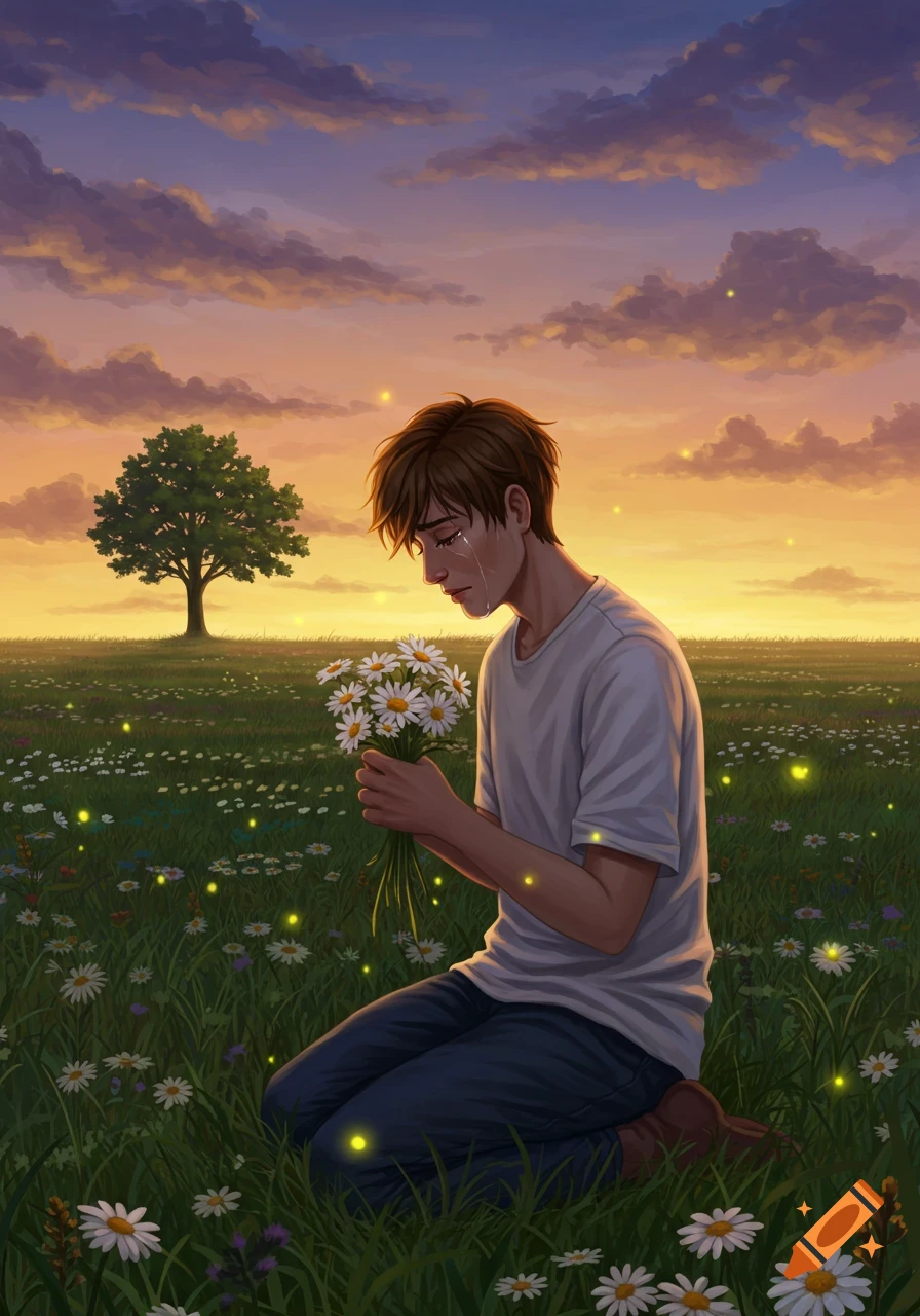 A young man kneels in a field of daisies at sunset, crying and holding a bouquet of flowers, with glowing specks in the grass.