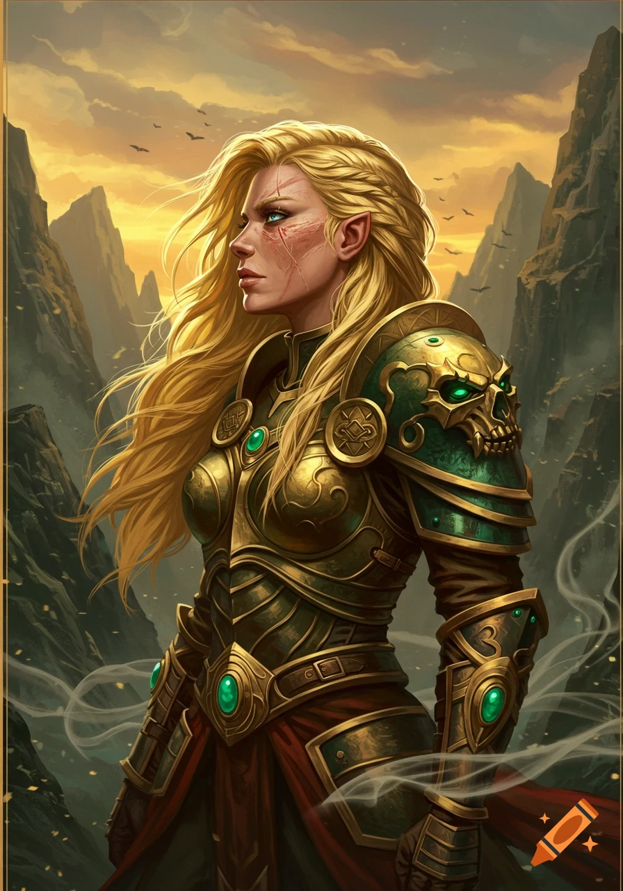 A blonde-haired female fantasy warrior with pointed ears and facial scars, wearing ornate golden and green armor, stands against a mountainous sunset backdrop.