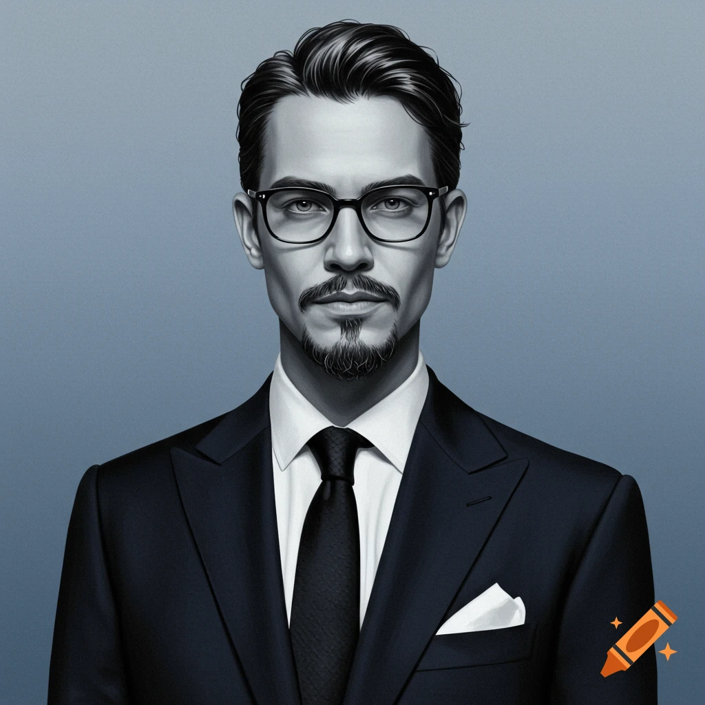 Black and white portrait of a stylish man in a suit, tie, and glasses with a goatee, against a grey background.