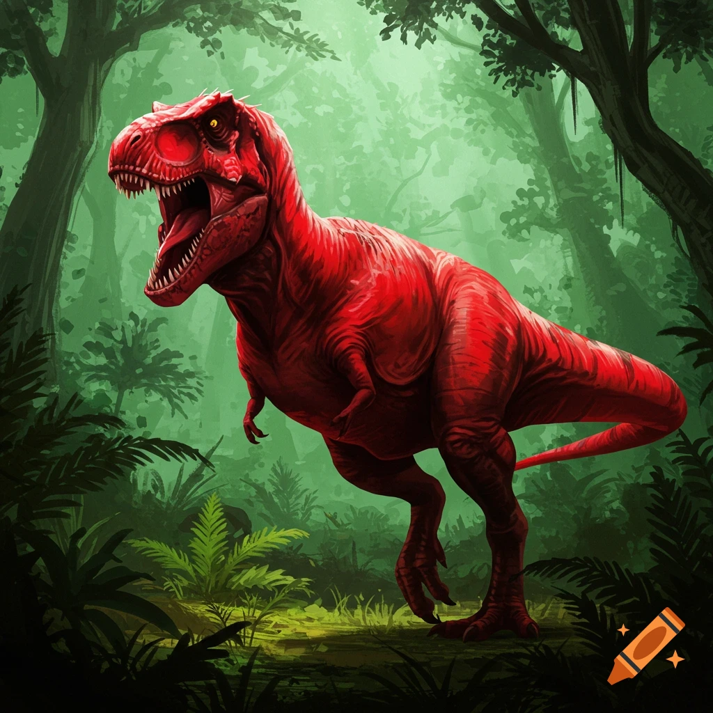 A vibrant red Tyrannosaurus Rex roars, standing in a lush, green, dense jungle with trees and ferns in a painterly style.