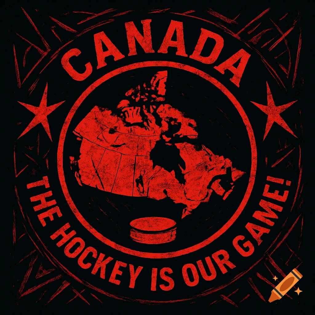 Distressed red and black graphic with a map of Canada, a hockey puck, and text 'CANADA THE HOCKEY IS OUR GAME!'.
