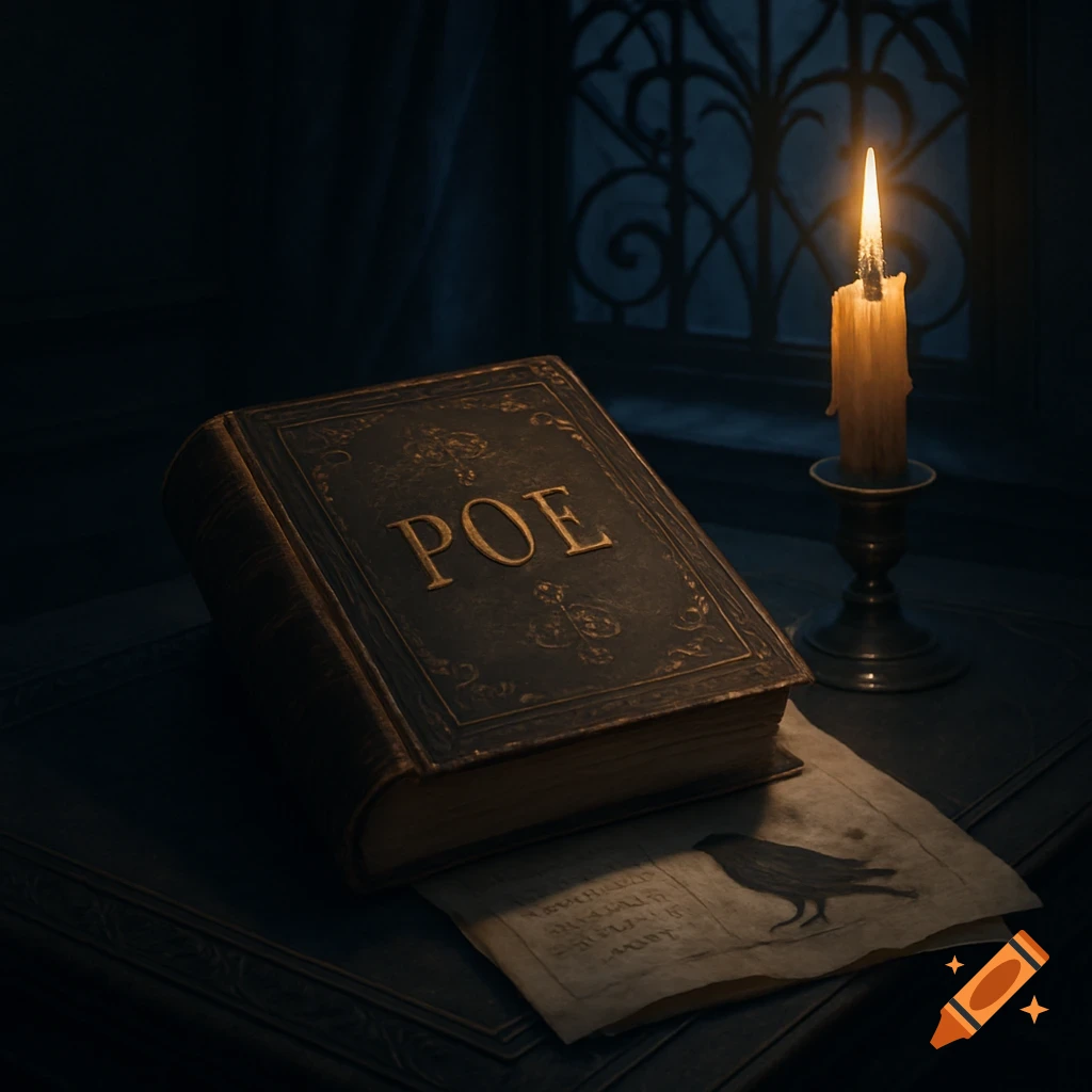 An old book with 'POE' on the cover sits on a dark table next to a lit candle and papers with a raven drawing.
