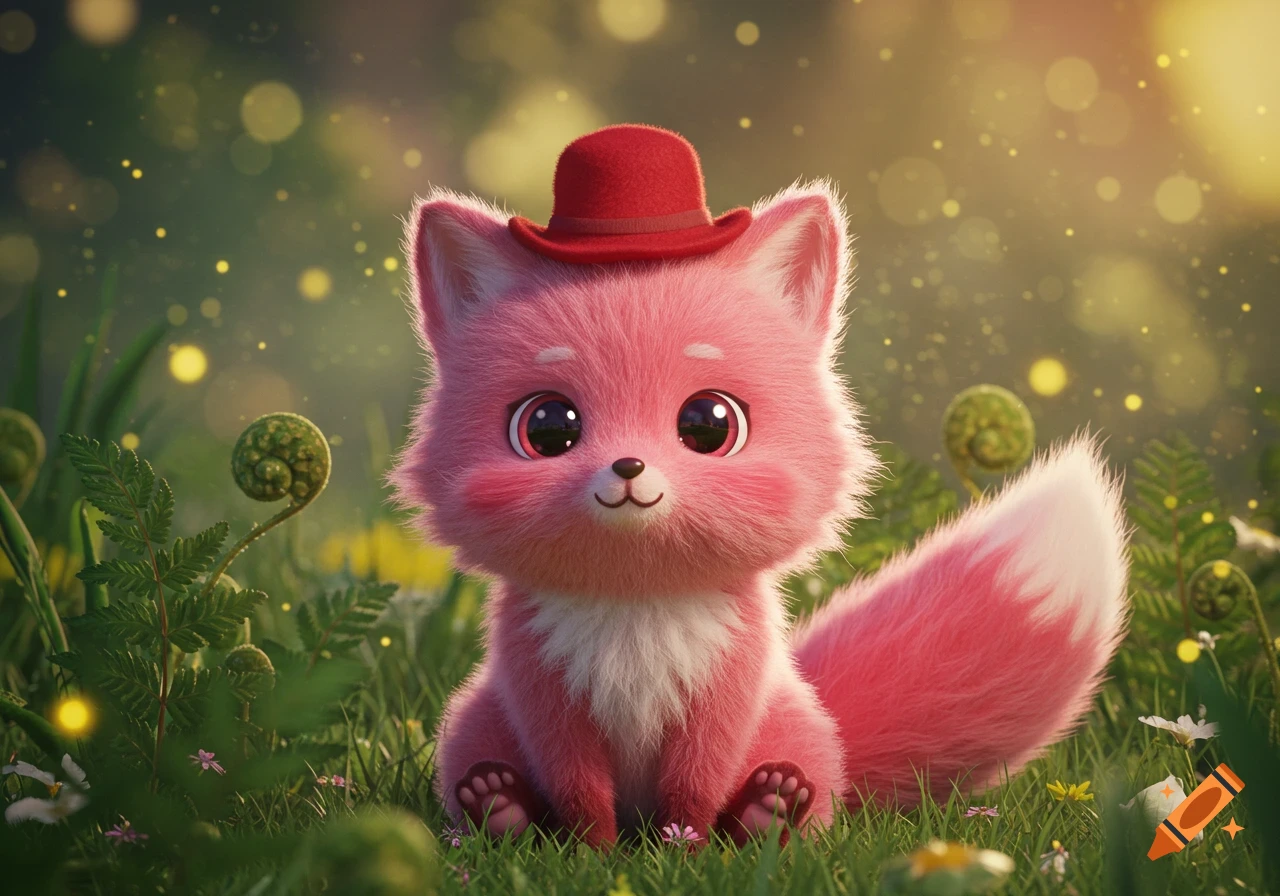 A cute, fluffy pink fox with large eyes and rosy cheeks wears a red hat, sitting in green grass with glowing bokeh lights.