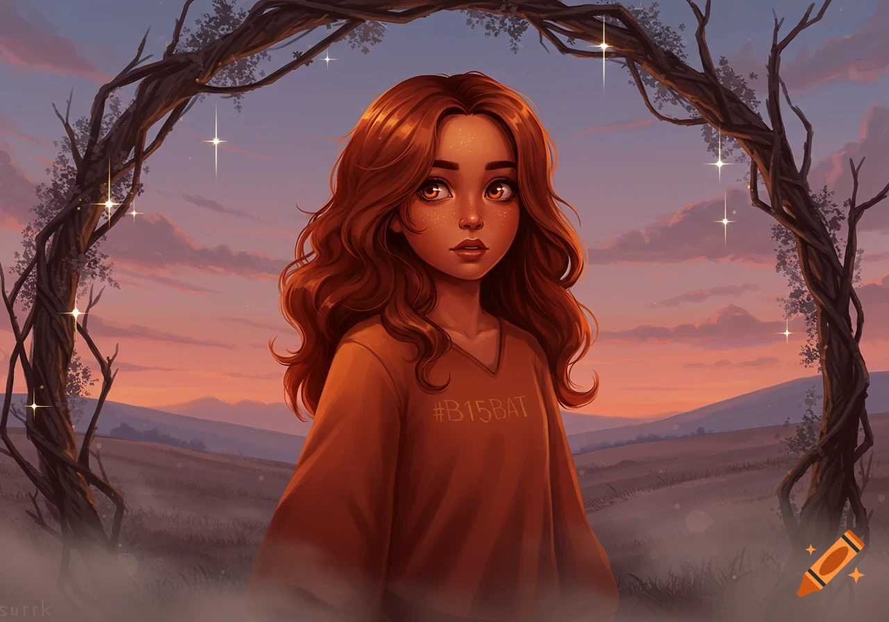 A stylized illustration of a girl with long red hair and freckles, wearing an orange shirt, standing under a gnarled tree archway at sunset with sparkling lights.