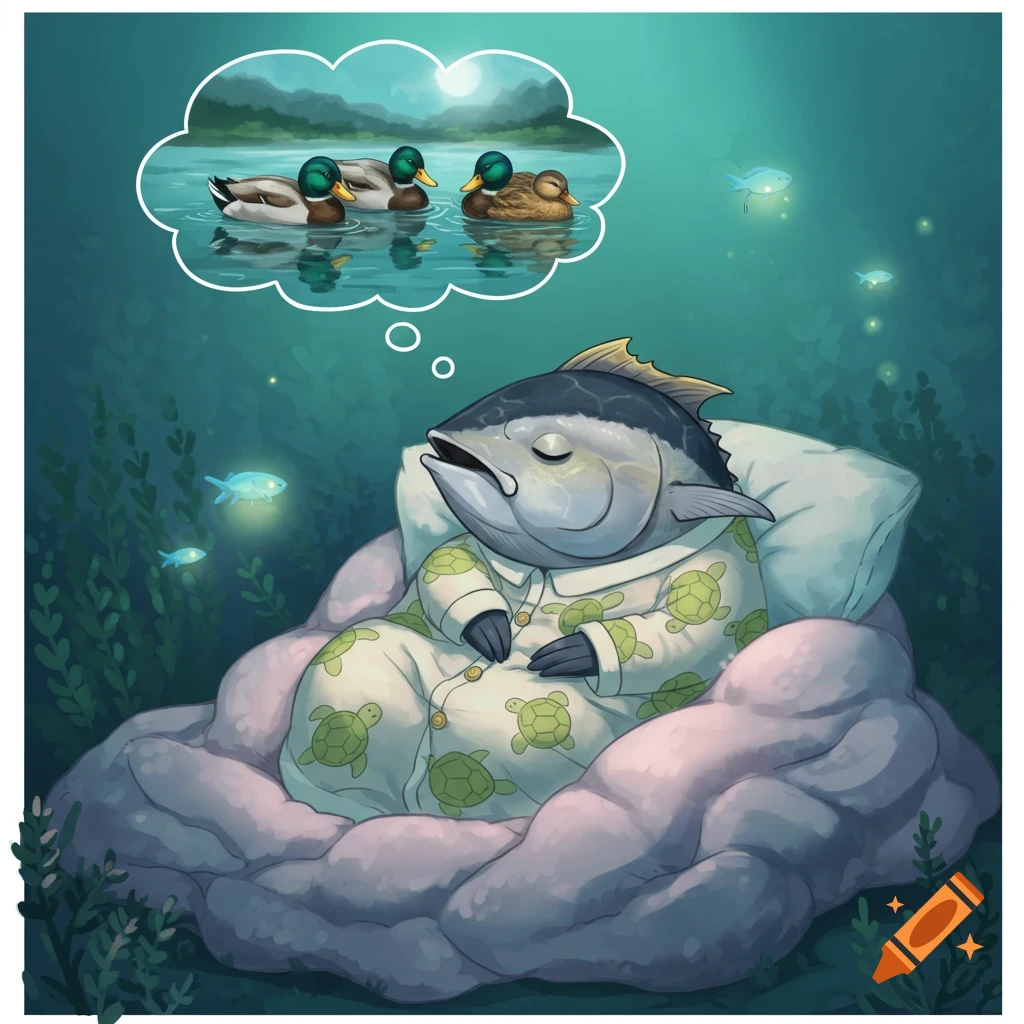 Anime style illustration of a tuna fish in turtle pajamas sleeping on soft blankets, dreaming of mallard ducks on a lake.
