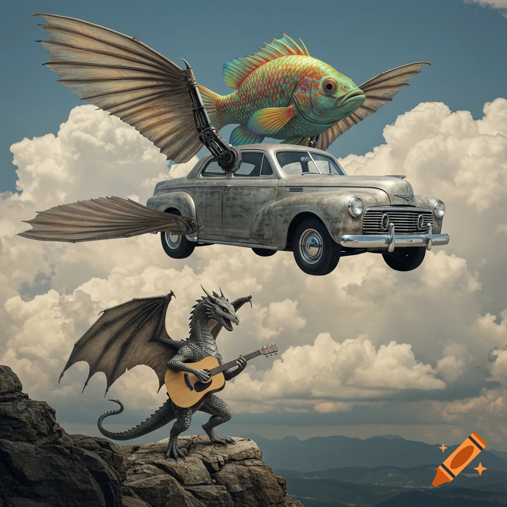 A winged vintage car with a large winged fish attached flies in a cloudy sky above a dragon playing guitar on a rocky peak.