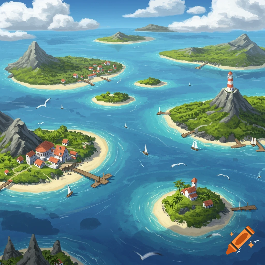 Aerial illustration of a vibrant archipelago with multiple green islands, small towns, lighthouses, sailboats, and seagulls in blue water under a cloudy sky.