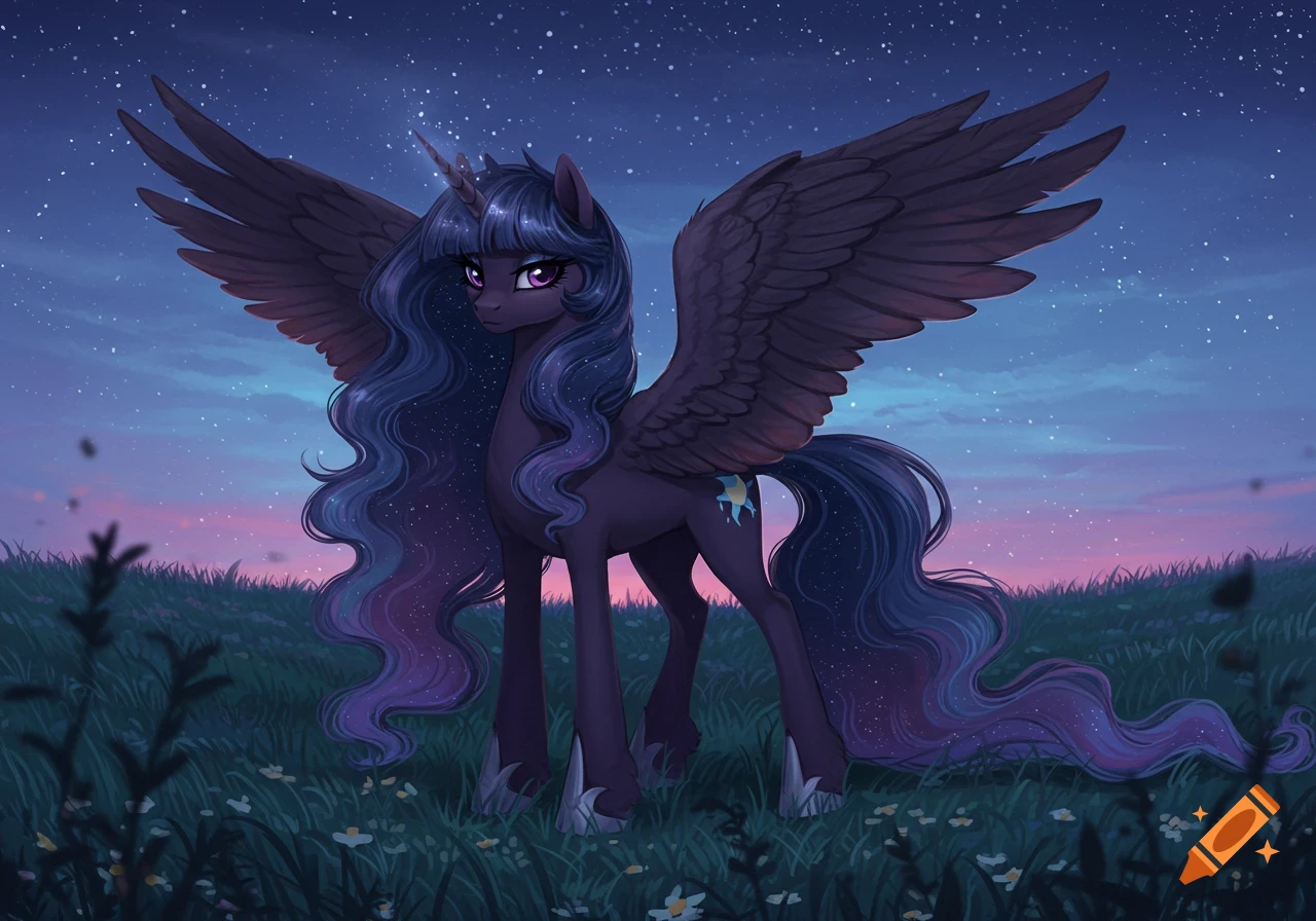 A dark alicorn pony with starry mane and tail stands in a grassy field under a twilight sky.