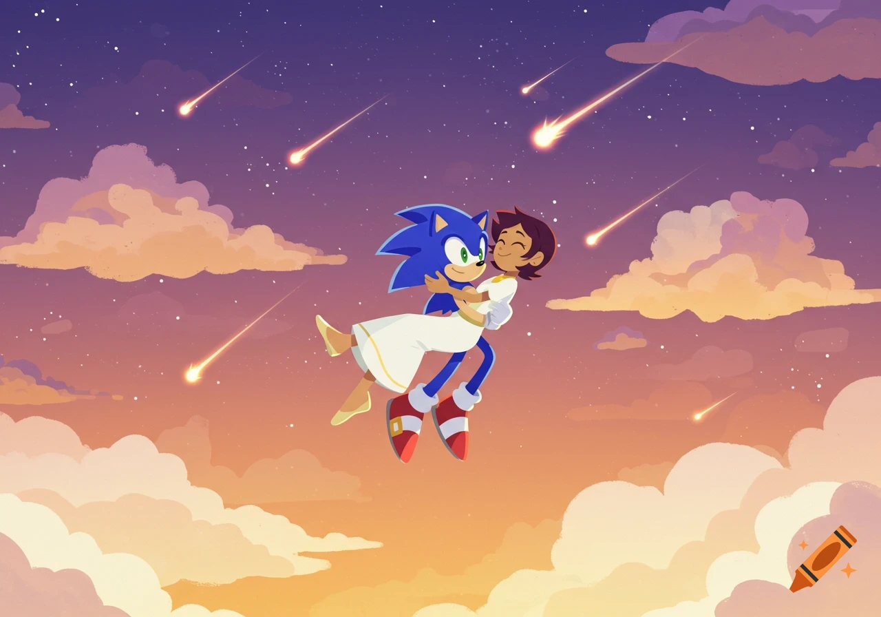 Sonic the Hedgehog carries Luz Noceda in a white dress, flying through a vibrant, cloudy sky with shooting stars in a cartoon style.