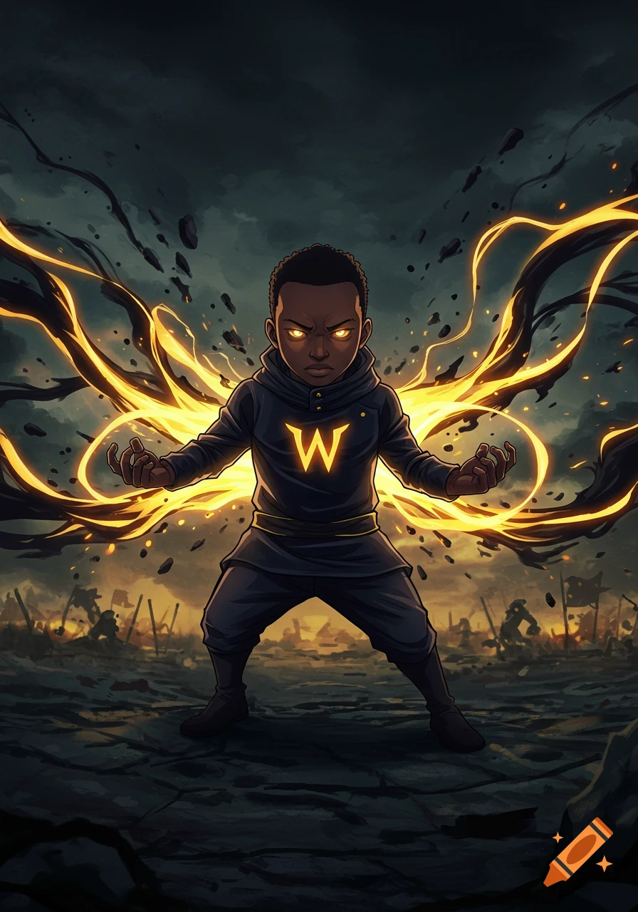 An anime illustration of a dark-skinned boy with glowing eyes and a 'W' emblem on his chest, unleashing golden energy in a ruined battlefield.