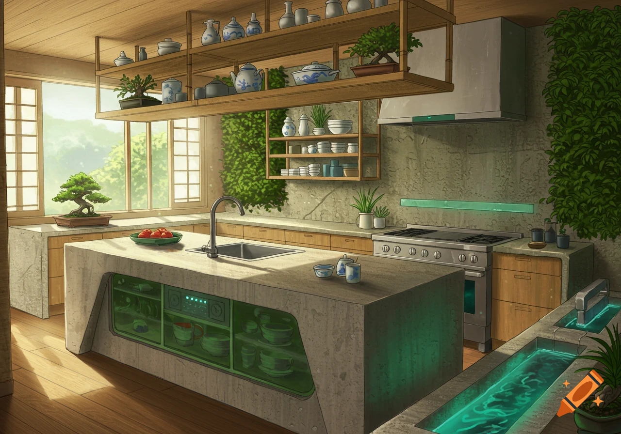A stylized modern kitchen blending Japanese modernism and eco-brutalism, with a concrete island, living walls, and large windows.