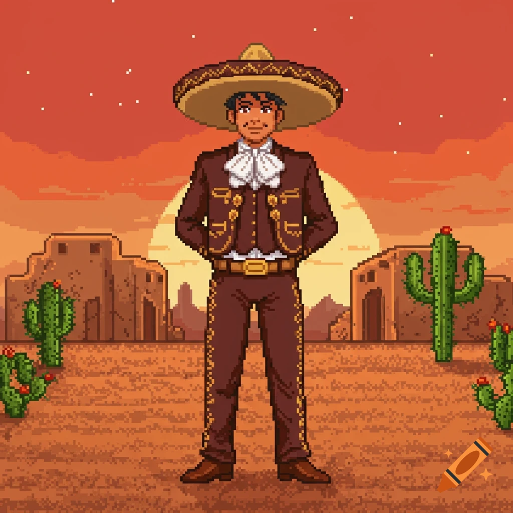 Pixel art of a man in a mariachi suit standing in a desert landscape with cactuses and adobe buildings at sunset, RPG style.