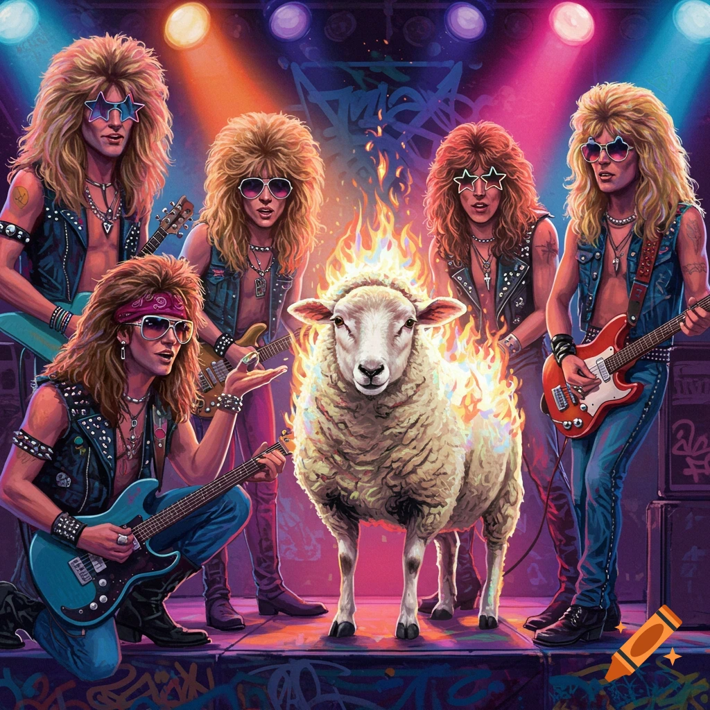 An 80s hair band of five long-haired rock musicians with guitars looking at a sheep engulfed in flames on stage, under colorful spotlights.