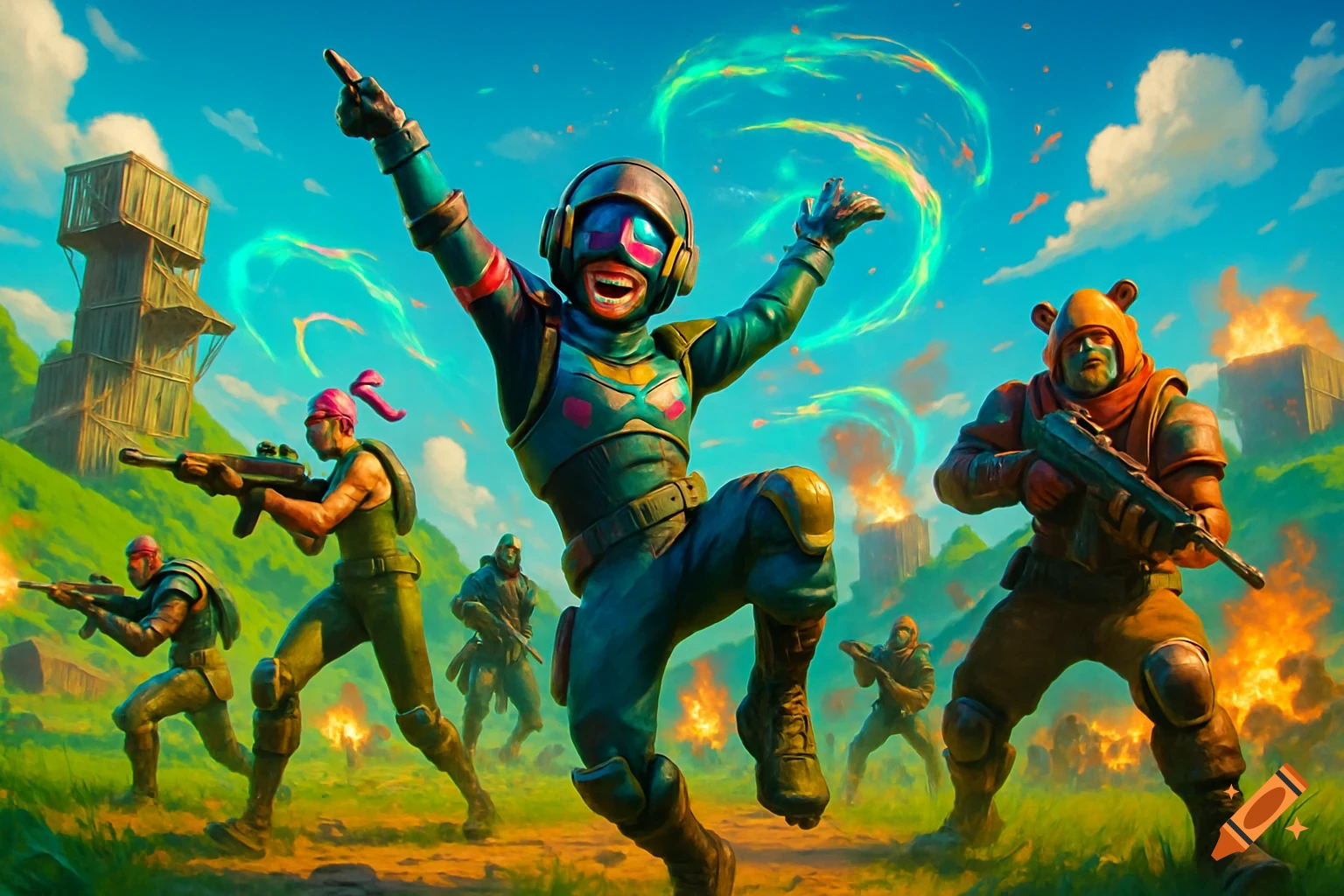 Stylized characters in a vibrant, action-packed Fortnite-like battle scene, featuring a jumping figure, weapons, and explosions.