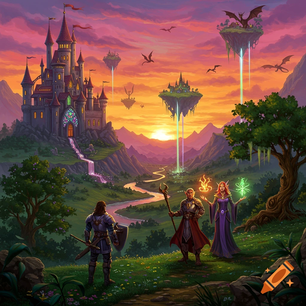 Vibrant fantasy landscape at sunset with a grand castle, floating islands, dragons, and three adventurers.