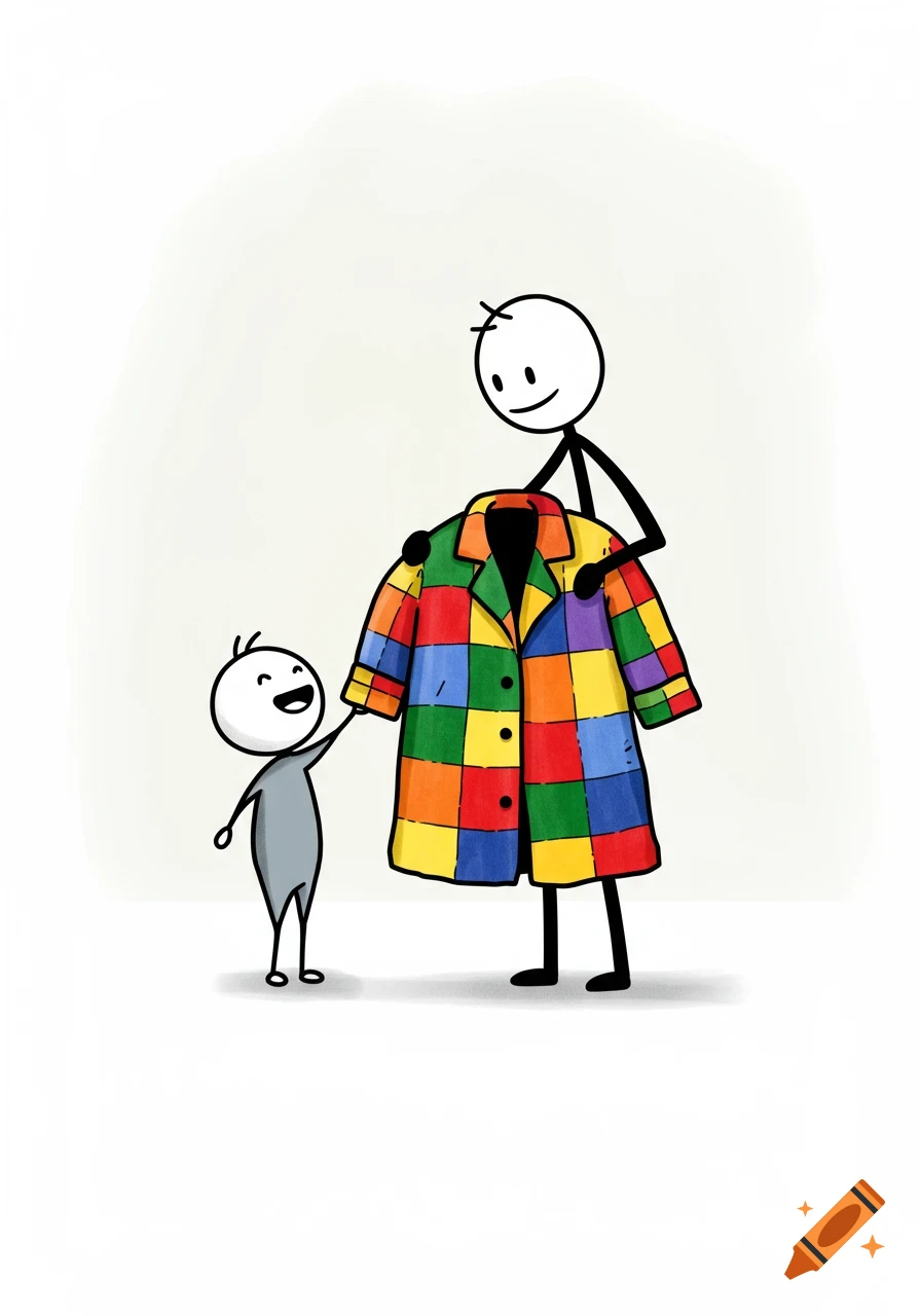 A simple illustration of a tall stick figure holding a colorful patchwork coat for a smaller stick figure child.