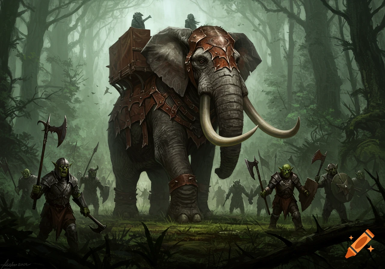 Armored war elephant leads an army of orcs through a dense, misty forest in a fantasy art style.